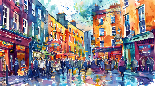 A vibrant portrayal of Dublin s Temple Bar district on St. Patrick s Day  with its colorful storefronts  lively street performers  and bustling crowds  all rendered in bold watercolor hues.