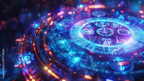 Zodiac wheel with astrological symbols  illuminated with a radiant glow  celestial theme  digital artwork  bright blue and violet lights  high detail
