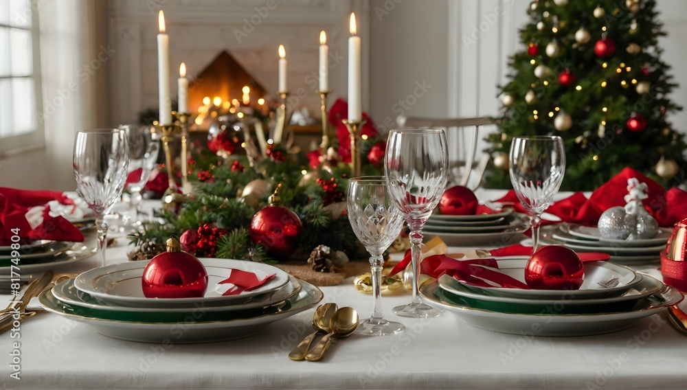 A festive table adorned with Christmas decorations A festive table adorned with Christmas decorations