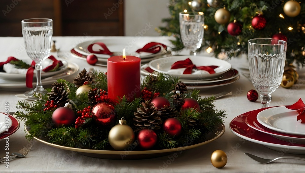 A festive table adorned with Christmas decorations A festive table adorned with Christmas decorations