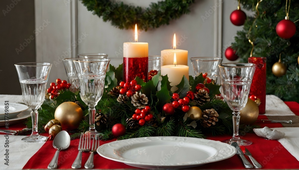 A festive table adorned with Christmas decorations