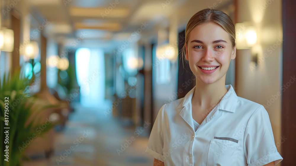 Friendly female maid near hotel room