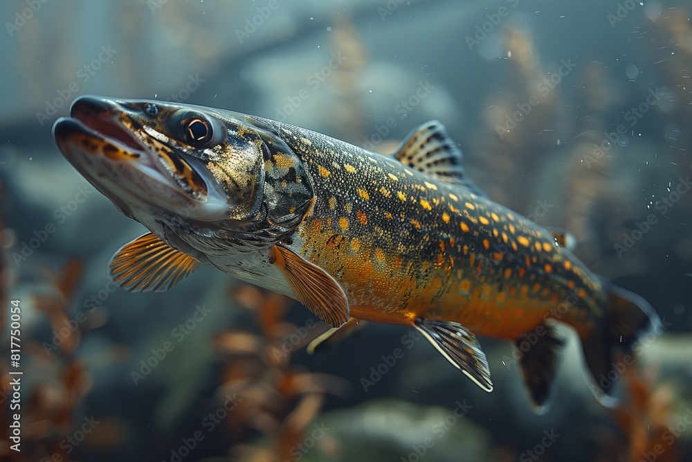 Pike fish lurking in murky waters, depicting freshwater predators. Pike fish lurking in murky waters, depicting freshwater predators.