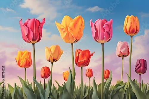 A row of springtime tulip blossoms