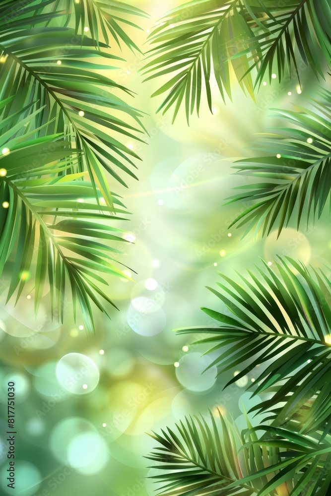 Tropical beach ambiance with lush green palm leaf on sandy shore under bokeh sunlight waves Tropical beach ambiance with lush green palm leaf on sandy shore under bokeh sunlight waves