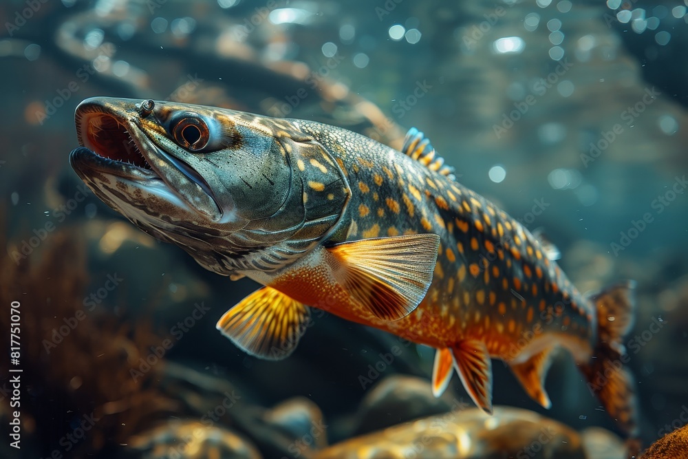 Pike fish lurking in murky waters, depicting freshwater predators. Pike fish lurking in murky waters, depicting freshwater predators.