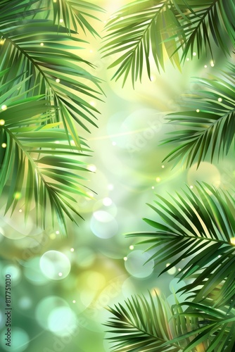 Tropical beach ambiance with lush green palm leaf on sandy shore under bokeh sunlight waves