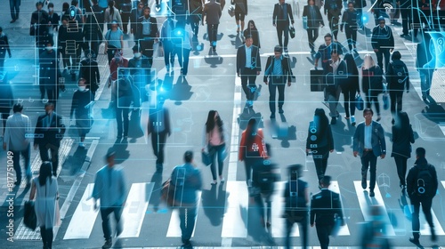 Pedestrians Cross Busy Urban Street In Daytime With Digital Data Overlay