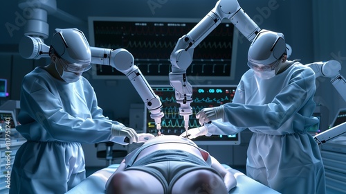 Two Robots Operating on a Patient in an Operating Room