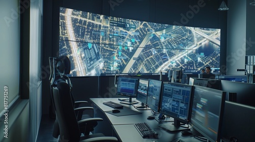 Monitoring Room Displaying City on Large Screen