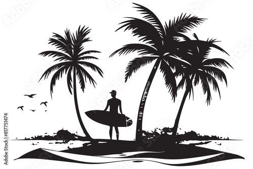 Silhouette surfing board on the beach black color only