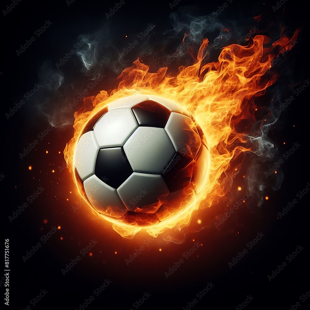 Fototapeta premium Soccer Ball Flying on Fire, Isolated on Black Background