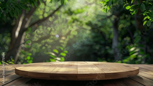 Round wooden table podium in a showcase environment, selective focus on wood texture and elegant design, realistic, Composite, tranquil green backdrop photo