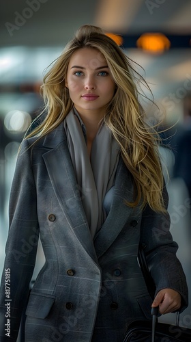 Elegant Businesswoman Strolling Through Bustling Airport Terminal