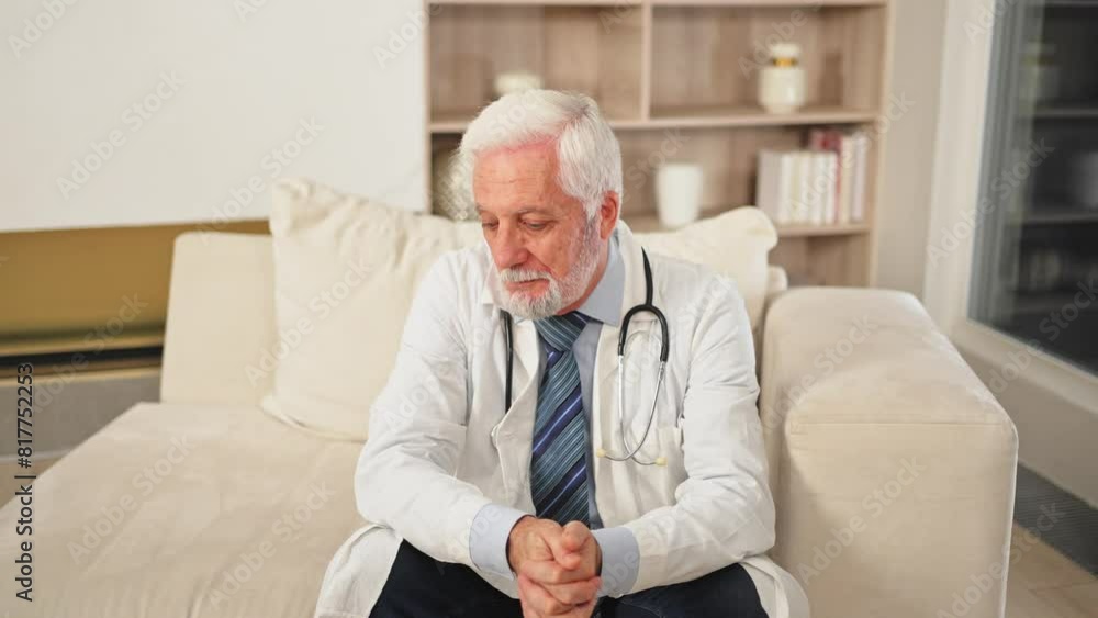 Sad tired mature senior male doctor in medical uniform in hospital or doctor office. Unhappy General Practitioner GP therapist professional healthcare expert in clinic. Healthcare concept Sad tired mature senior male doctor in medical uniform in hospital or doctor office. Unhappy General Practitioner GP therapist professional healthcare expert in clinic. Healthcare concept