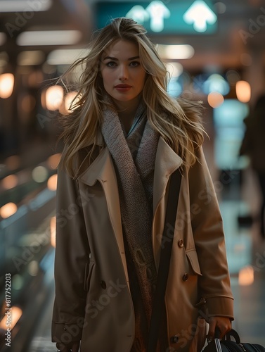 Stylish Businesswoman Walking With Wheeled Bag in Nighttime City