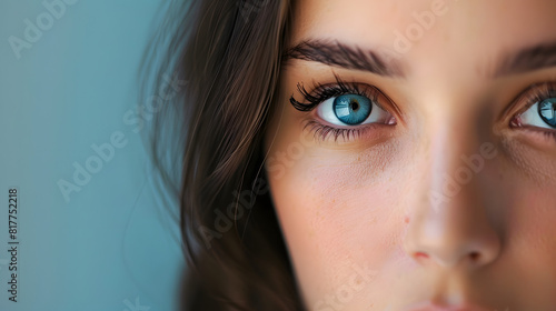 close-up of blue-eyed woman. A detailed close-up of a woman's face highlighting her striking blue eyes.. photo