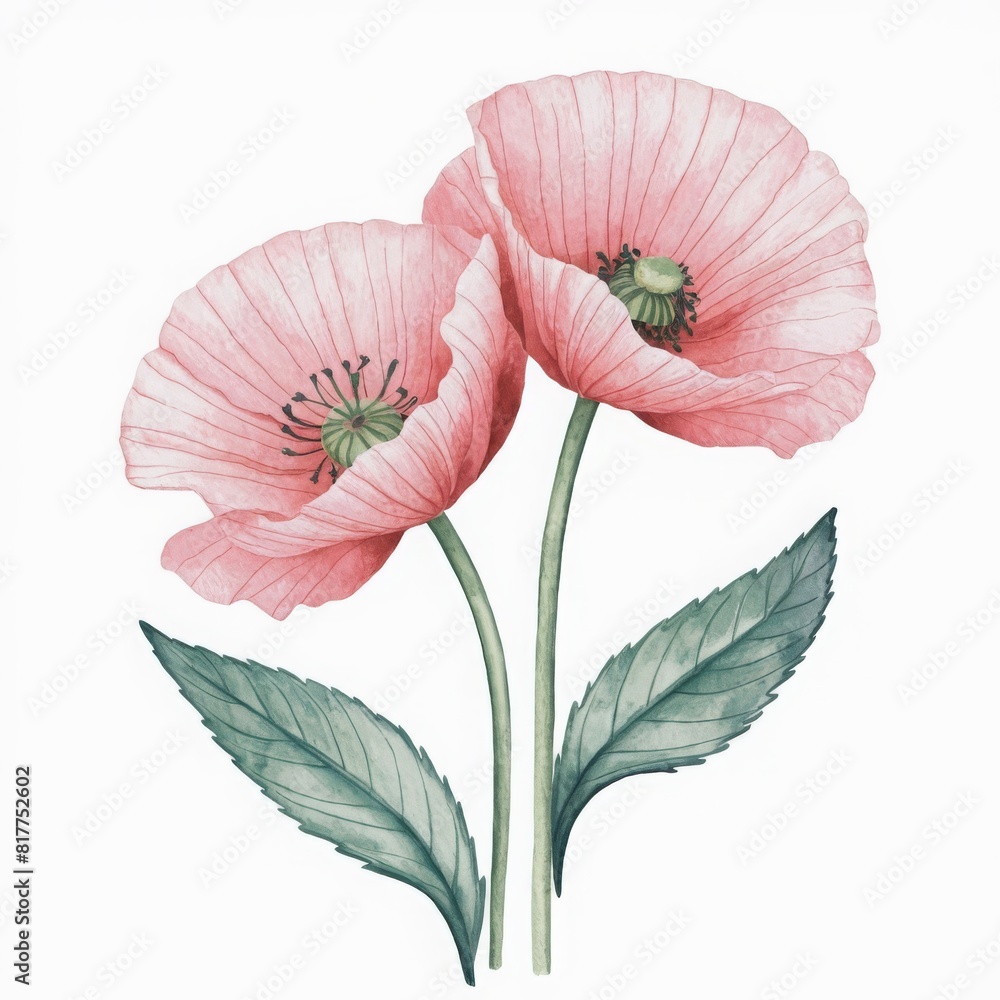 two poppy flower color pink, leaves green ,green stems, on white background two poppy flower color pink, leaves green ,green stems, on white background