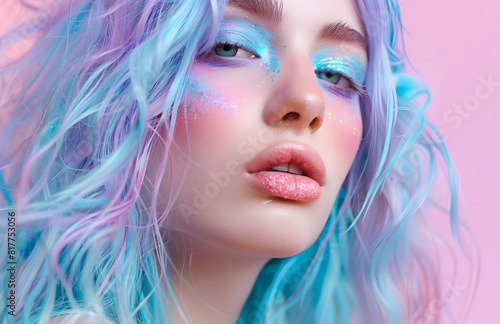 An imaginative fashion photo shoot where makeup transforms the model s face into a vivid canvas of bold hues and geometric designs.