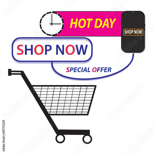 Shop now button with Mobile design cart. Shop now. Modern collection for web site. Online shopping. Click here, apply, buttons hand pointer clicking. Web design elements. Vector and illustration. 