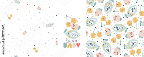Tropical Fruit collection of seamless patterns with print composition and comic lettering. Vector cartoon childish background with cute smiling fruit characters in simple hand-drawn style
