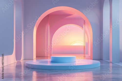 The image is a 3D rendering of a pink and blue podium © atikun