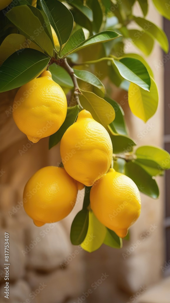 Branches of lemon tree with fruits of lemons hang from the stone facade of a house, sunny day. Vertical picture