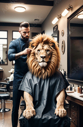 cool-looking Anthropomorphic lion in a barbershop, receiving a stylish haircut. setting in a professional hair salon.