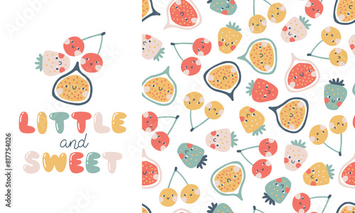 Wallpaper Mural Tropical Fruit collection of seamless pattern with print composition and comic lettering. Vector cartoon childish background with cute smiling fruit characters in simple hand-drawn style Torontodigital.ca
