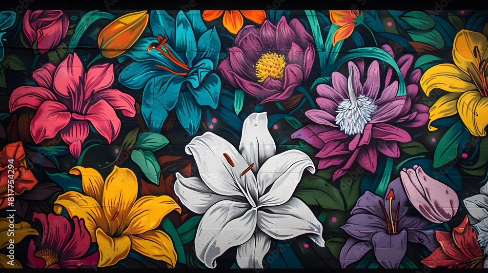Vibrant Street Art of Floral Mural on Urban Wall Vibrant Street Art of Floral Mural on Urban Wall