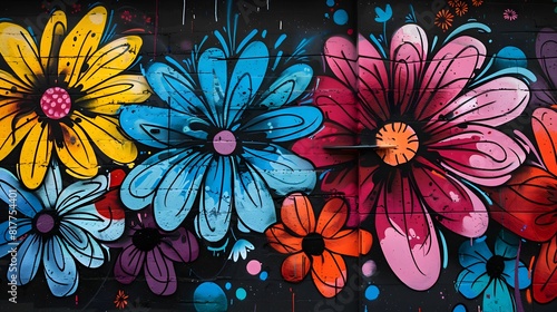 Vibrant Street Art of Floral Mural on Urban Wall photo