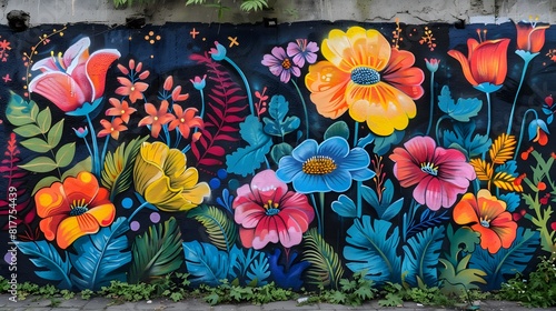 Vibrant Street Art of Floral Mural on Urban Wall photo
