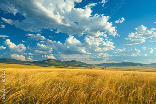 The expansive plains feature rolling hills and distant mountains under a dramatic sky  with golden grass swaying in the wind as sunlight filters through fluffy clouds.