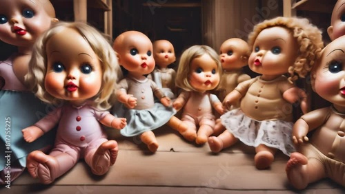 A dimly lit hallway is filled with rows of creepy dolls, their blank stares and identical appearances creating an unsettling atmosphere.  photo