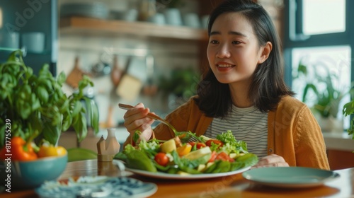 Asian Woman enjoy a meal of fresh vegetables and green salad. diet concept
