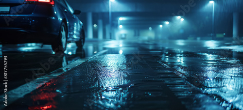 An empty car park at night features wet asphalt, dark blue lighting, lights in the background, and a car driving away from the camera. photo