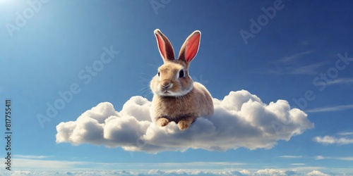 a bunny sitting on a cloud in blue sky copy space easter holiday celebration