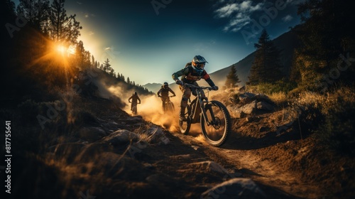 Couple Cycling on Electric Bikes During Sunset on a Mountain Trail