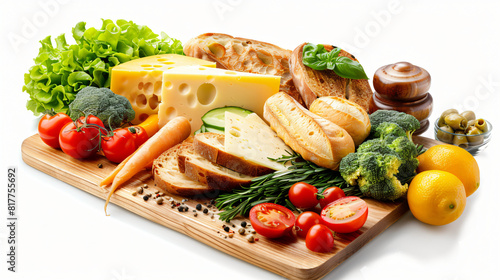 Board with processed cheese bread and vegetables on white