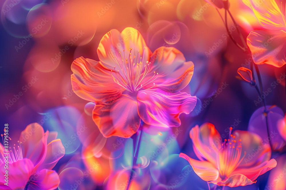 Abstract neon backdrop with flowers in violet, orange, purple colors Abstract neon backdrop with flowers in violet, orange, purple colors