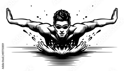 A detailed black and white illustration of a swimmer executing a butterfly stroke. This image captures the strength and precision of competitive swimming, ideal for sports and fitness themes.