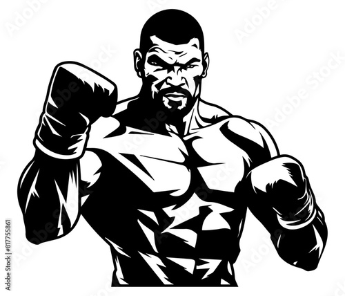 Muscular boxer in a fighting stance, black and white illustration Ideal for themes related to sports, fitness, and strength.