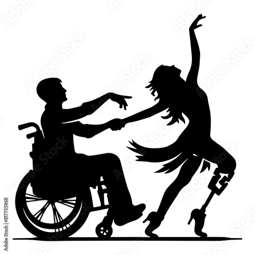 A striking black and white silhouette of a disabled couple dancing, featuring a man in a wheelchair and a woman with a prosthetic leg. The image highlights inclusivity and the joy of dance, 