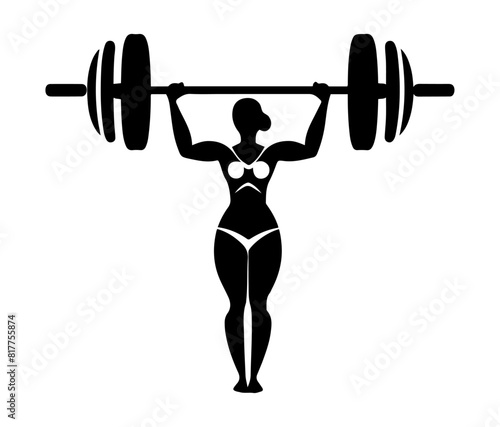 A silhouette of a strong female weightlifter holding a barbell overhead. This black and white illustration highlights strength, fitness, and determination, suitable for sports and health themes.