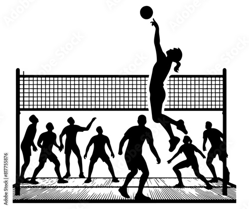 A dynamic black and white illustration of a volleyball game with players jumping and spiking the ball over the net. Ideal for sports and teamwork themes.
