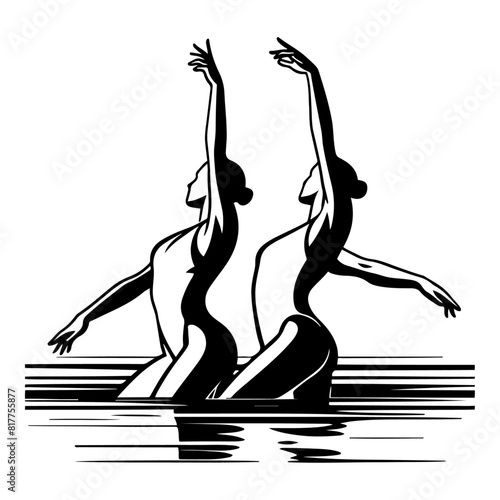 A black and white illustration of two synchronized swimmers executing a routine in the water. This image captures the elegance and precision of synchronized swimming, ideal for sports and aquatic them
