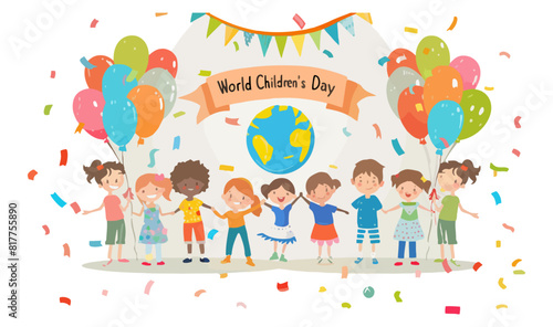 A colorful illustration of children holding hands in front of a festive backdrop with balloons and confetti, celebrating Children’s Day. Ideal for events, festivals, and educational themes.