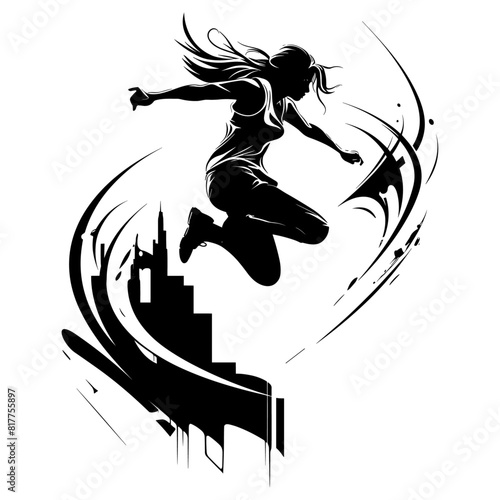 A dramatic black and white illustration of a parkour athlete performing a flip against an urban backdrop. This design highlights the excitement and agility of parkour, ideal for sports and urban theme