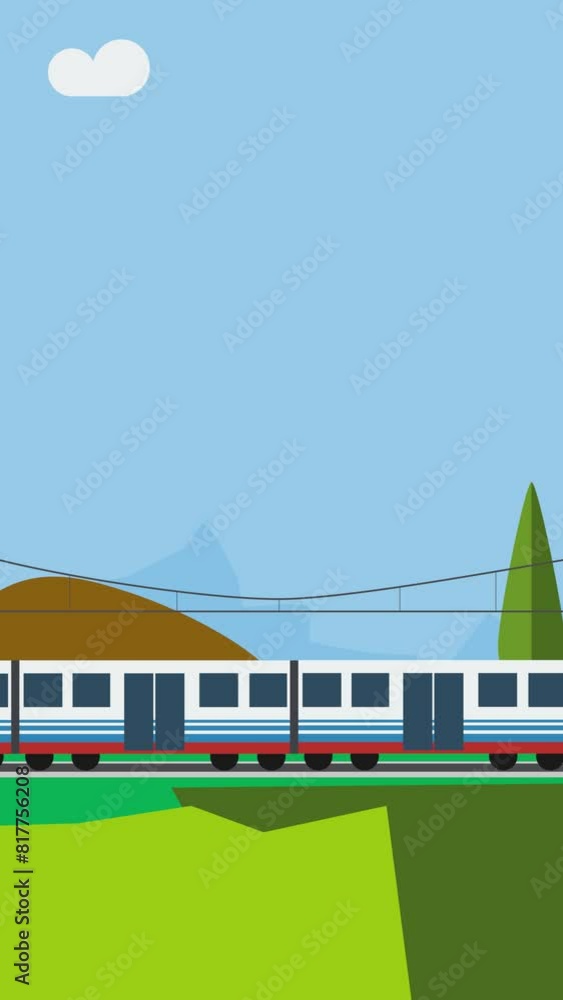Train animation against the background of countryside. Moving hills and trees background. Cartoon of high speed trains.