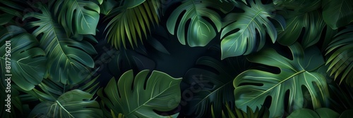 Dark green tropical leaves  including monstera and palms  are set against a black backdrop.